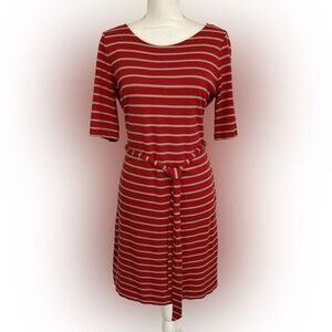 Banana Republic Dress Women’s L Red Tan Stripe Knee Length Belted Preppy